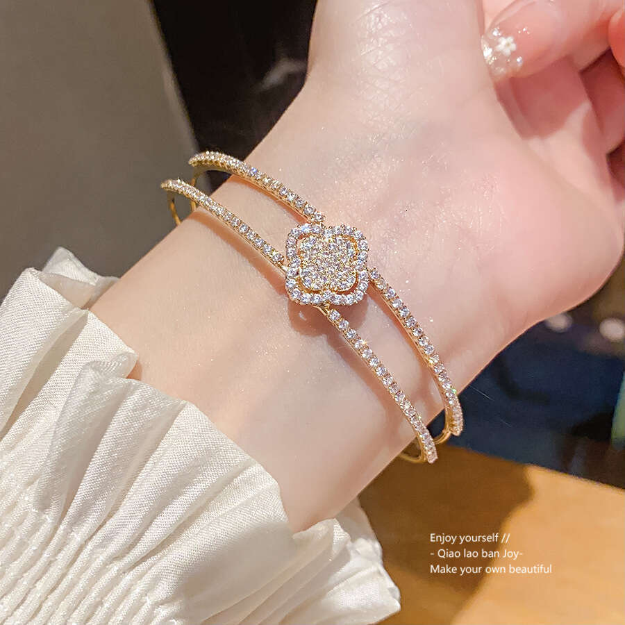 designer bracelet Zircon Lucky Clover Double Layer Open Light High-end Fashion Temperament Bracelet Palace Style Jewelry for Women with gift box