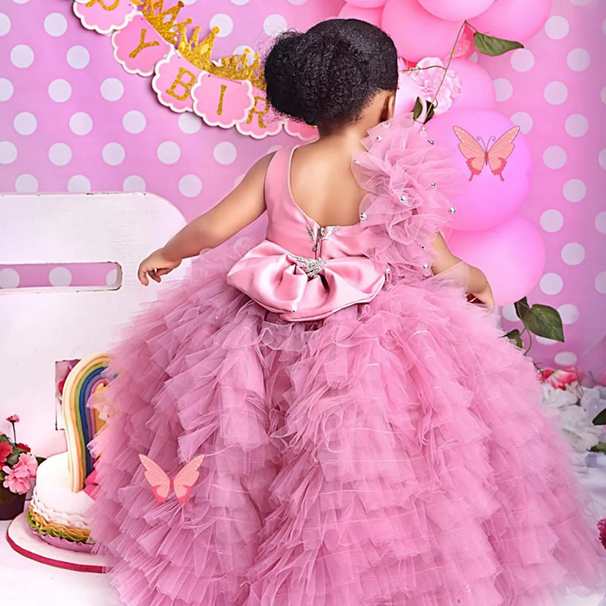 Pink Flower Girl Dresses Jewel Tiered Tulle Pleated Ruffles Appliqued Lace Flowergirl Dresses Princess Queen Little Kids Birthday Party Dress for Marr