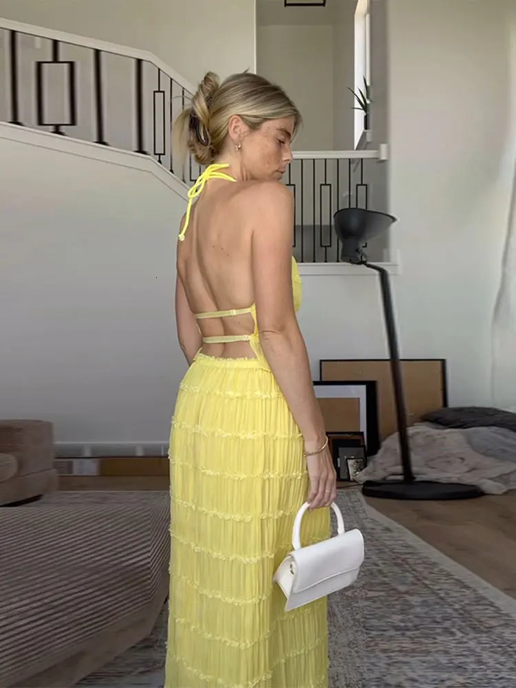 Elegant Pleated Halter Long Dresses Women Retro Sexy Slim Sleeveless Backless Beach Dress Female Chic Party Holiday Vestidos 250605