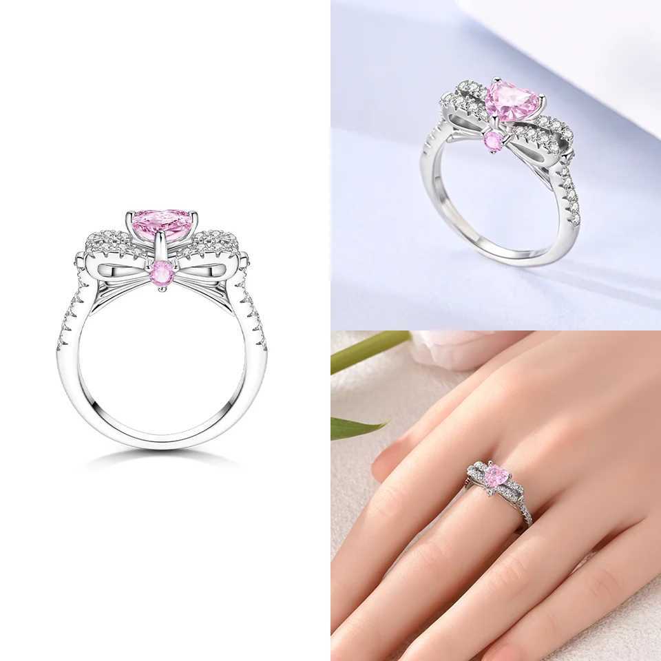 Original Pink Zircon Heart Bow Ring 925 Sterling Silver Womens Accessories Jewelry Valentines Day Fine Ring Gifts SetXJ250606