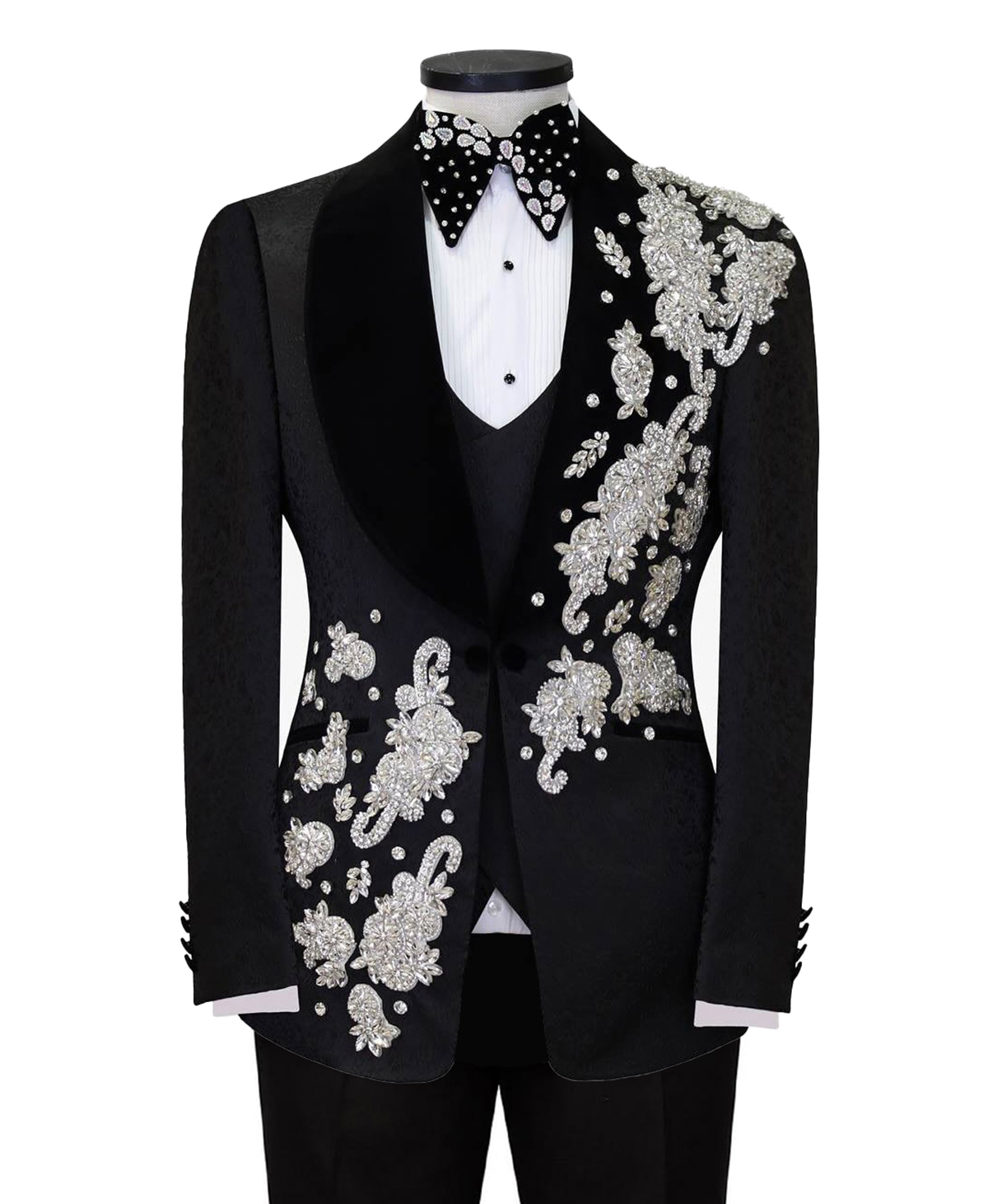 Luxury Man Suits 2 Pieces Set Rhinestone Beading Appliques Shawl Lapel Party Prom Blazer Customized One Button Jacket Pants Plus Size