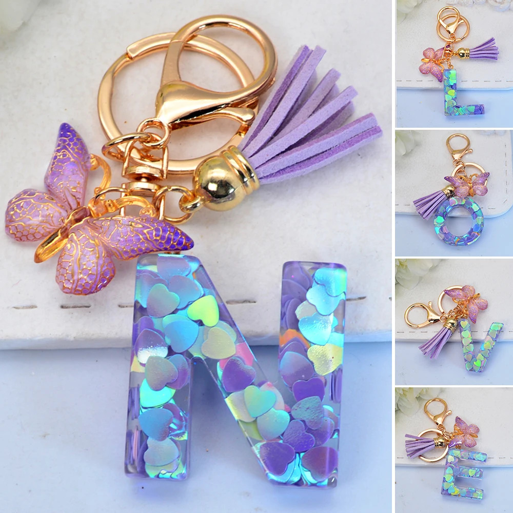 Exquisite 26 Initial Blue Shiny Resin Keychain A to Z Letter Purple Butterfly Tassel Pendant Keyring for Women Men Couple Gift 250606