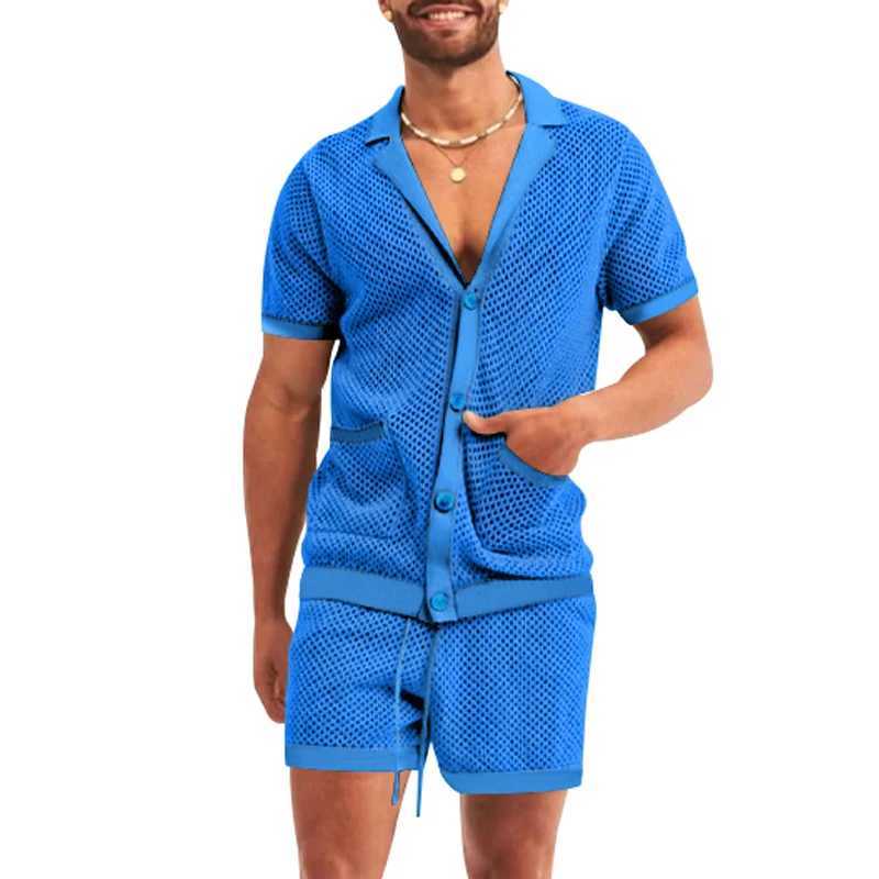 2-Piece Summer Outfit for Men - Breathable Mesh Shirt with Lapel Collar and Button Details Matching Semi-Transparent Shorts with W250609