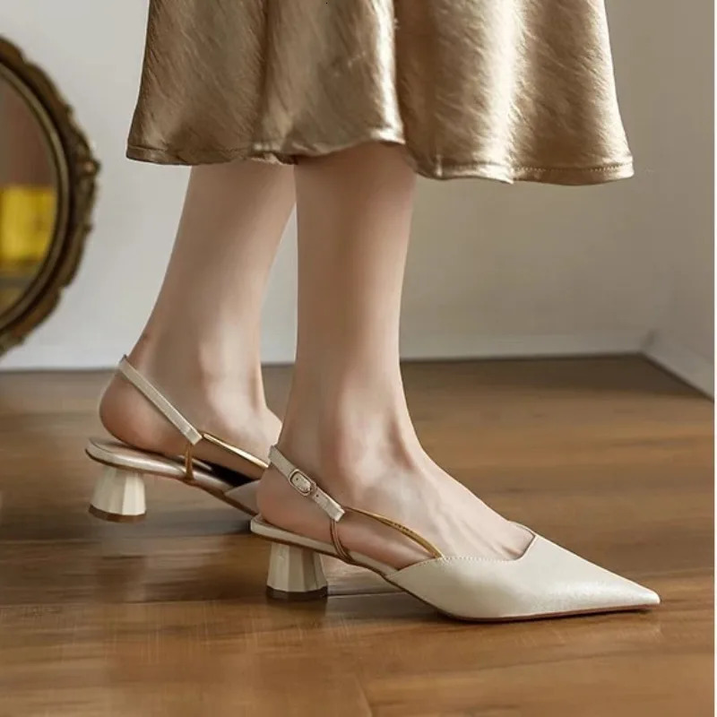 French Satin Style Sandals Spring Women Baotou Mid Heel Pointed Versatile Single Shoes 250605