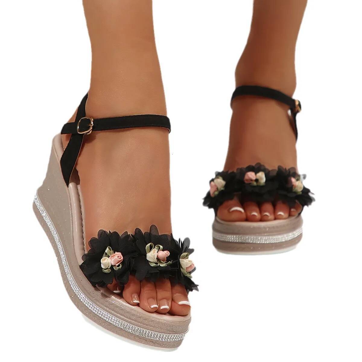 Ddmyoutdoor Women S Peep Toe Summer Fashion Flower Sandals Buckle Strap Platform New Wedges High Heels Sandalias De Mujer Outdoor Shoes