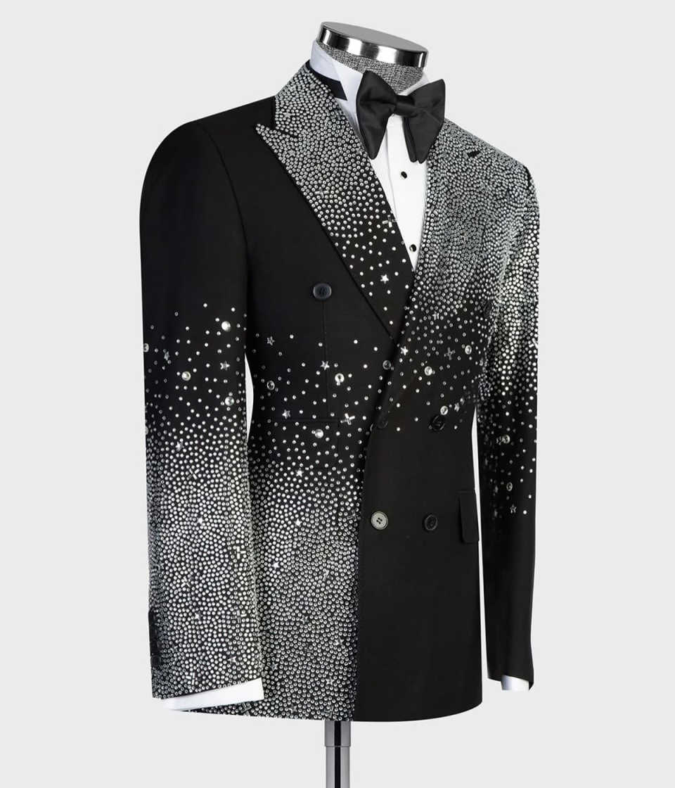 Noble Beaded Wedding Tuxedos 2 Piece Set Jacket Pants Handmade Men Suit Peaked Lapel Customized Groom Wear Party Suits