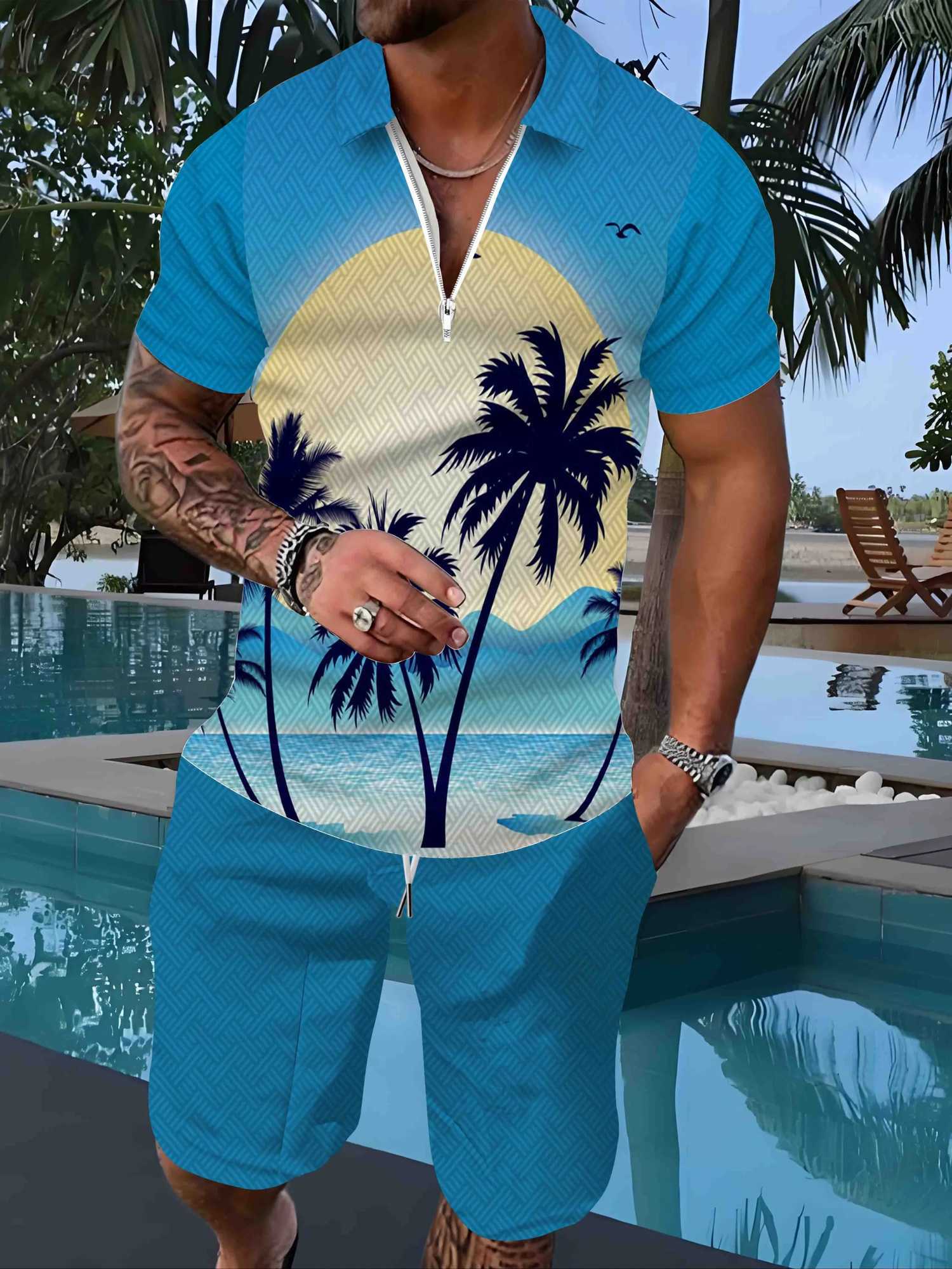 Mens Casual Two Piece Set Pineapple Palm Tree Pattern Summer Holiday Travel Zipper Polo Shirt And Shorts Outfit Breathable Suit W250609