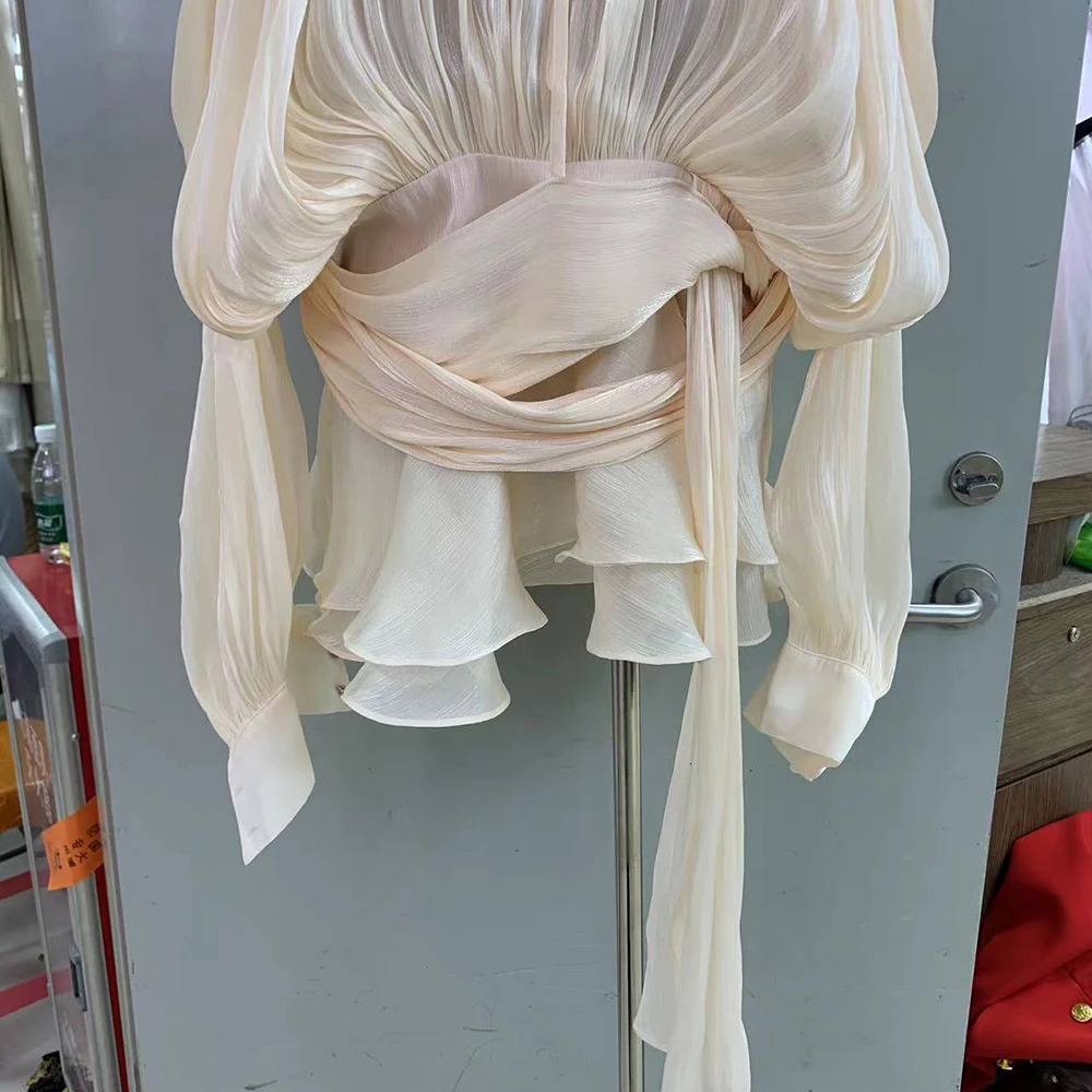 VGH Minimalist Solid Loose Short Dresses For Women Round Neck Long Sleeve High Waist Spliced Lace Up Chic Dress Female Fashion 250526