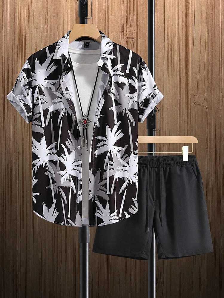 Fashion Flower Plant Print Mens Shirt Short Sleeve Shorts 2 Piece Summer Beach Casual Loose Shorts Tops Hawaiian Style Men Sets W250609