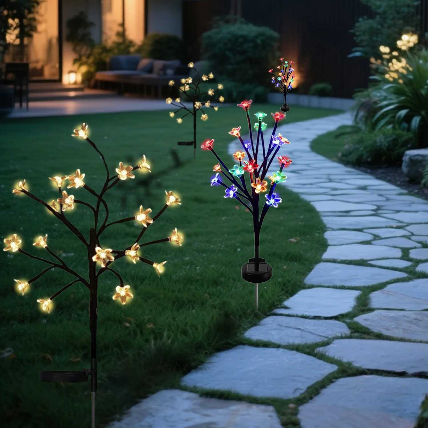 1 PC Solar Flower Pathway Lights Outdoor Sakura Tree Lighting 8 Modes Flush Mount Non-Detachable for Garden Lawn Patio Walkway XJ250606