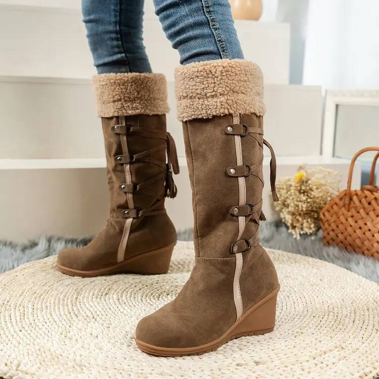 Ddmyoutdoor Female New Knee High Women S Warm Modern Boots Solid Slip On Fringe Lace Up Round Toe Wedges Shoes Outdoor Shoes