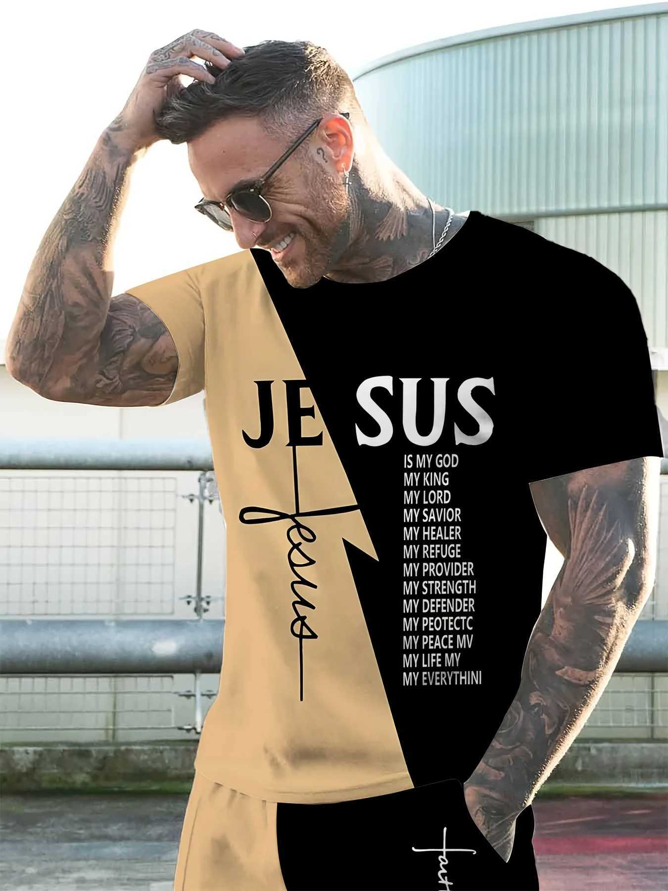 New Mens Summer Refreshing Breathable T-shirt Shorts Two-Piece Set Unique Black and Brown Splicing Letter W250609