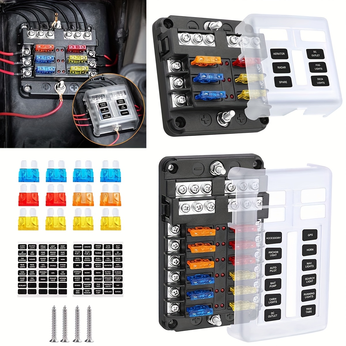 6-way and 12 way fuse holders with fuses, waterproof covers, and LED indicator lights, suitable for 12V/24V cars, trucks, ships, etc