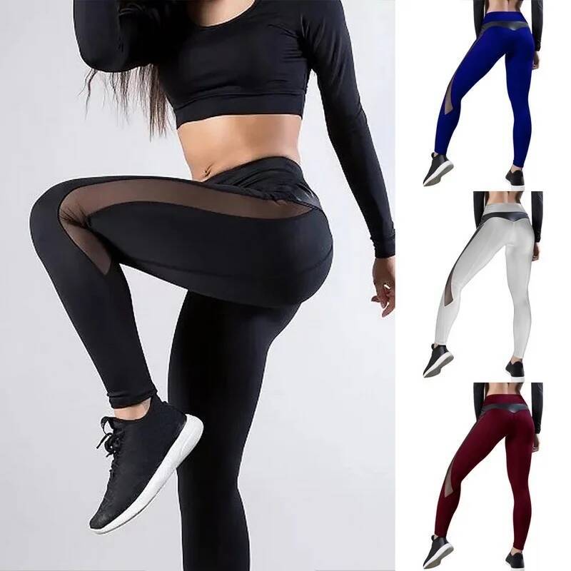 Female Sexy Sports Yoga Pants Mesh PU Patchwork Hip Lifting Gym Fiess High Waist Seamless Leggings Summer Clothes New