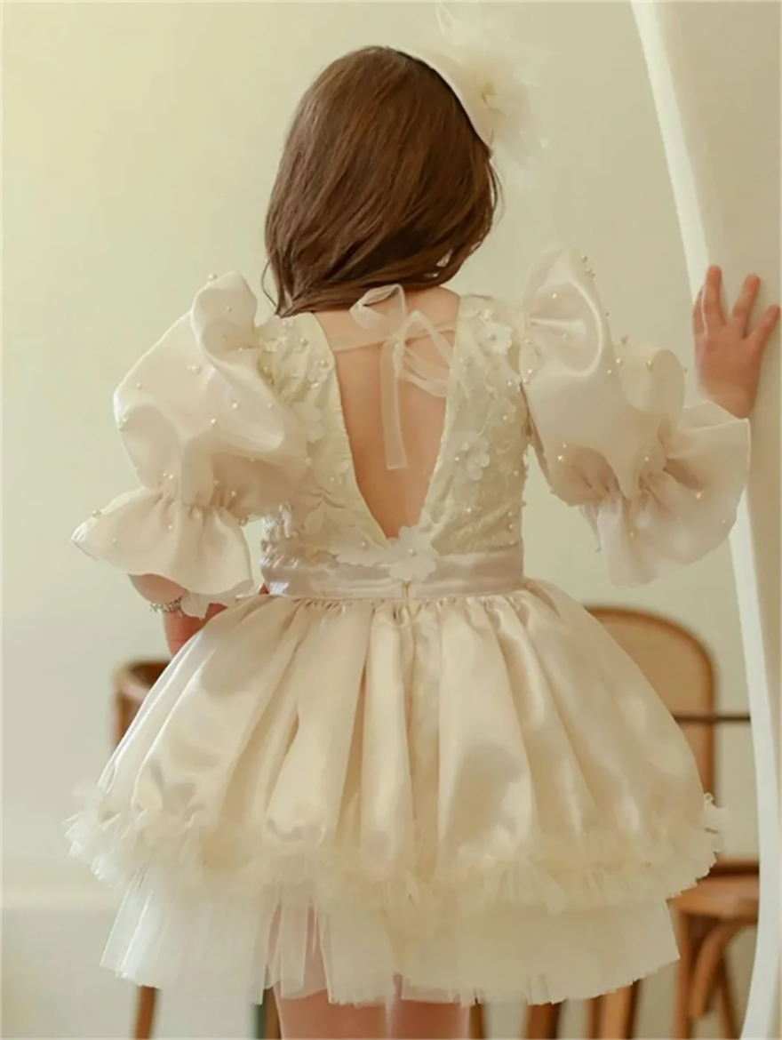 Flower Girl Dresses Ivory Fluffy Stain Lace Applique Skirt Wedding Elegant Flower Child's First Communion Birthday Party Dress