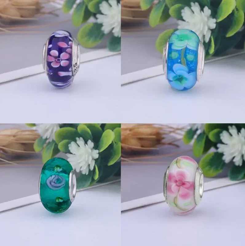 Sterling Silver 925 Flower Charms Original Glass Bead Colored Murano Fit Bracelet for Women DIY Fine Jewelry Gifts XJ250607