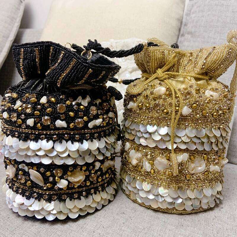 DOYUTIG Indian Handmade Heavy Industry Nail Bead Bucket Women Embroidered Shell Party Handbag Beauty Wedding Evening Bag N012