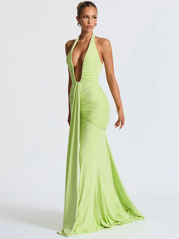 Mozision Deep V Neck Backless Ruched Sexy Maxi Dress Women Gown Summer Halter Sleeveless Draped Club Party Long Dress 2025 250605
