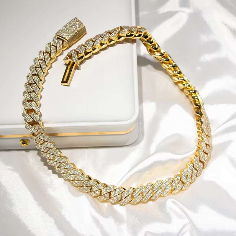 Thickness Rose Gold Yellow Gold Plated 14mm Iced Out Cuban Link Chain 925 Silver Cuban Moissanite Chain
