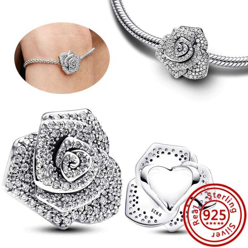 925 Silver Sparkling Rose in Bloom Oversized Charm Spring Flowers Symbolize Beads Fit Pantaro Charms Bracelet Fine JewelryXJ250607