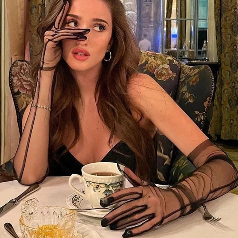 Wedding Bride Gloves Fashion Long Sheer Tulle Gloves Ultra Thin Stretchy Full Finger Mittens Mesh Elbow Halloween Accessory 250603