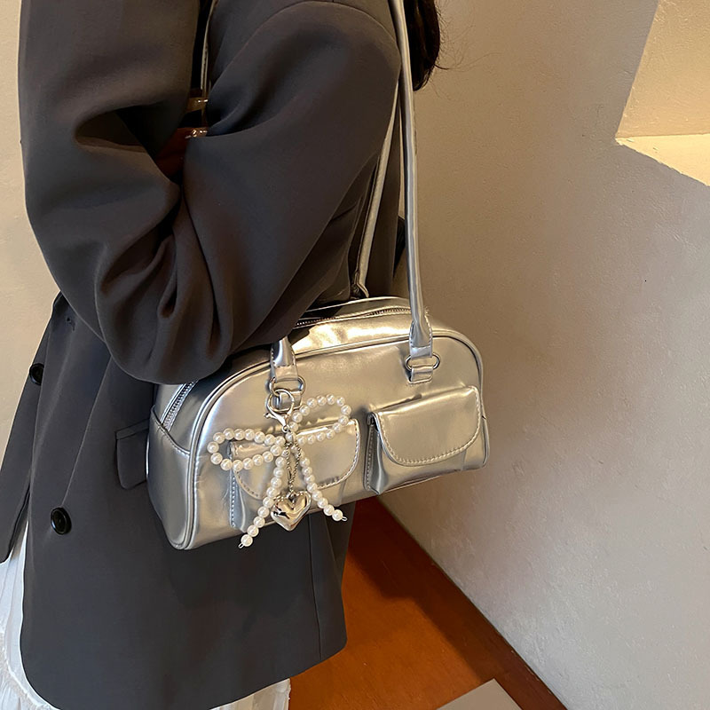 designer Korean Niche Patchwork Shoulder Bag for Women 2025 New Bowling Bag Fashion Retro Versatile Boston Underarm Bag