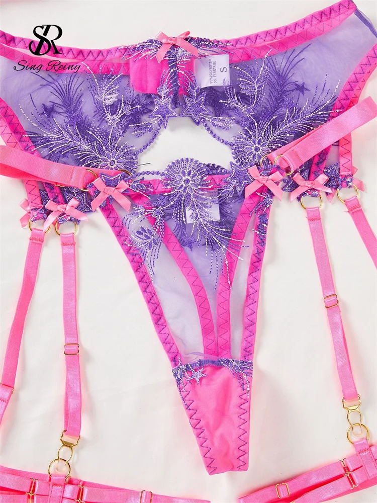 SINGREINY Fashion Star Embroidery Erotic Bra Suits Garter Strap Bodycon Sleepwear Women Patchwork Sexy Sheath Underwear Sets 250603