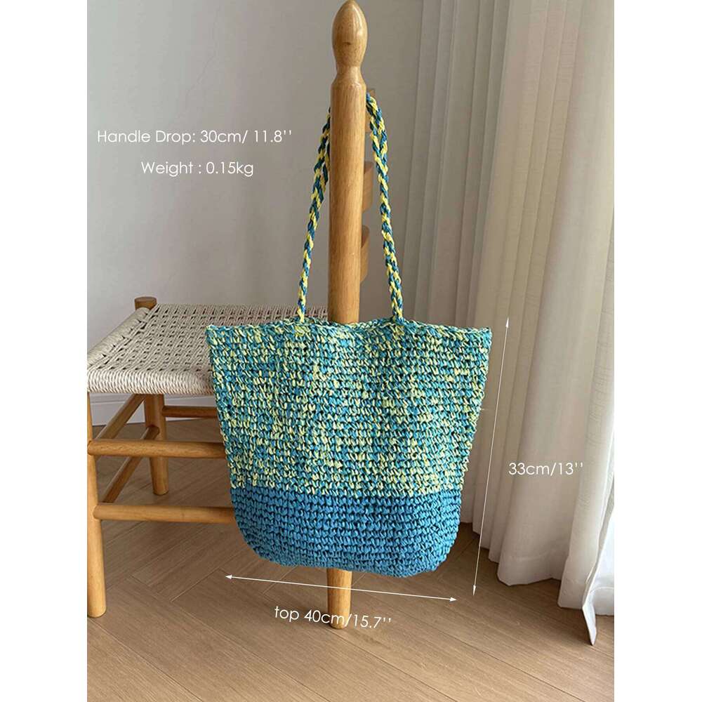 CR Women's Summer Casual Colorful Straw Woven Shoulder Handbag Contrast Color Handmade Braid Beach Bag For Daily Vacation Travel