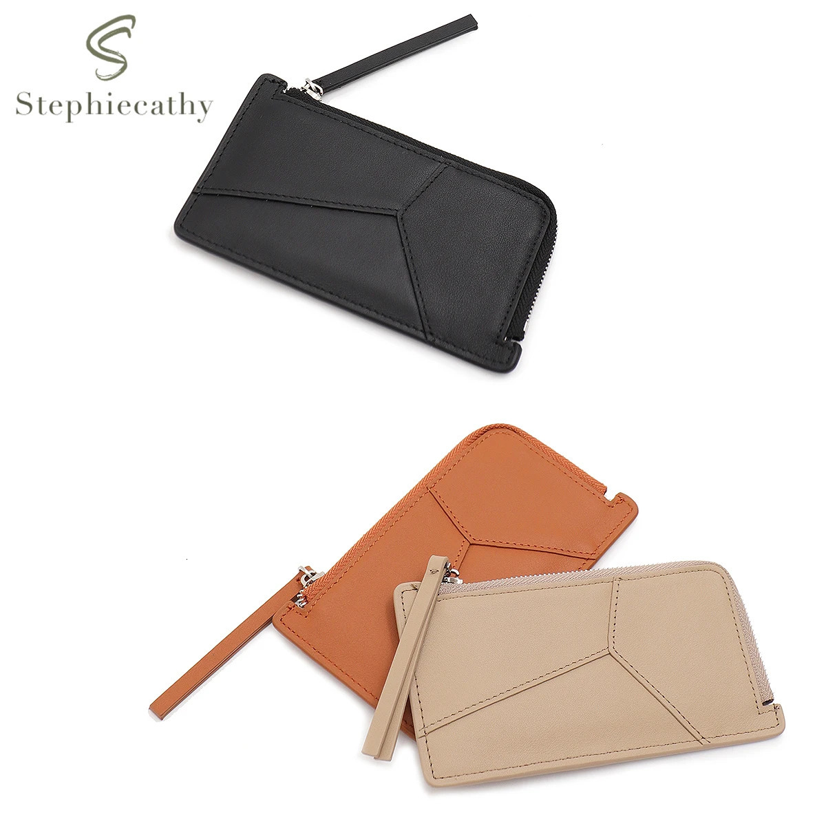 Fashionable Women Real Leather Slim Card Holder Geometric Patchwork Zipper Cards Coin Cash Portable Daily Coin Purse Mini Wallet 250605