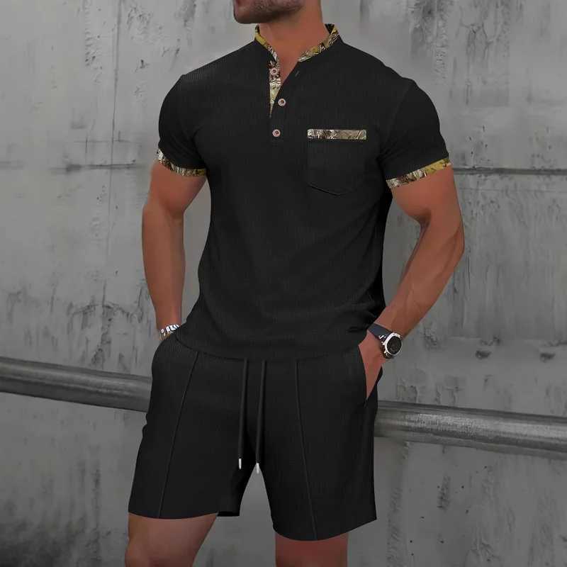 Mens Light Luxury Polo Shirt Set Summer Mens Stand up Collar Button Pocket Waffle Short Sleeve T-shirt Sports Trend Mens Suit W250609