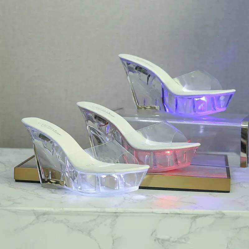 Ddmyoutdoor Ladies Trend CM Wedge High Heels Nightclub Luminous Sandals Transparent Sole Catwalk Pole Dance Shoes Women LED Light Slippers Beach outdo