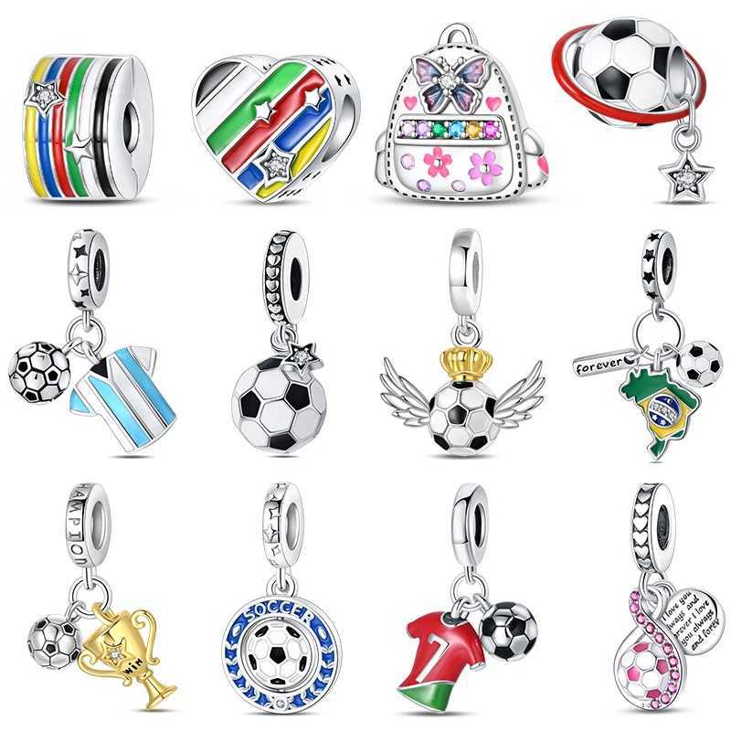 Football Series 925 Silver Plated Soccer Ball Champion Cup Charms Beads Fit 3mm 925 Original Bracelets DIY Souvenir Jewelry XJ250607