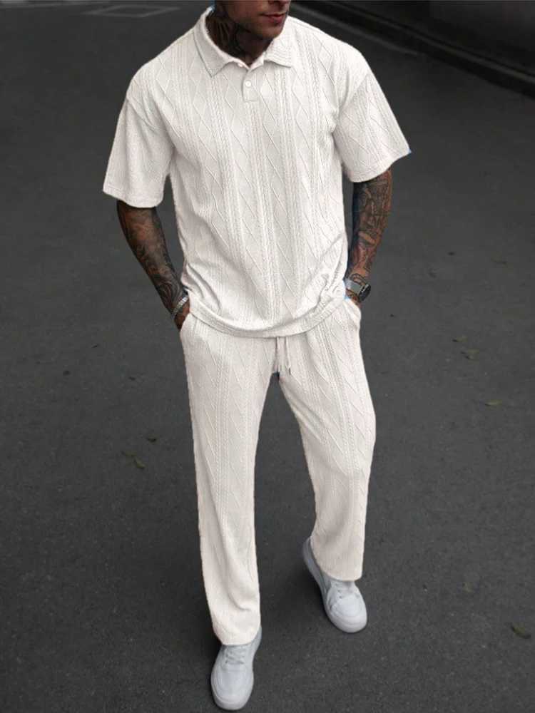 Stylish Jacquard Textured Mens Outfits Summer Casual Short Sleeve Polo Shirts And Pants Two Piece Suits Men Vintage Loose Sets W250609