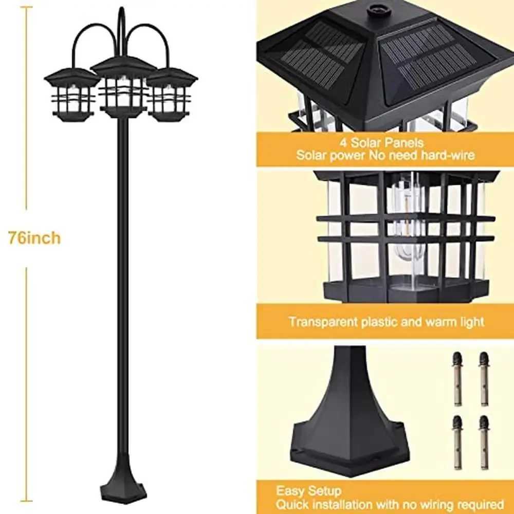 3-Head Solar Street Light Aluminium Waterproof Outdoor Lamp Post Energy-Efficient Garden Lighting Automatic Dusk to Dawn Black W250607
