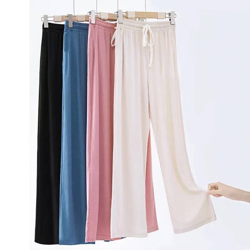 2025 New Women Ankle-Length Wide Leg Casual Solid Elastic Waist Loose Ice Silk Pants Spring Summer Female Trousers