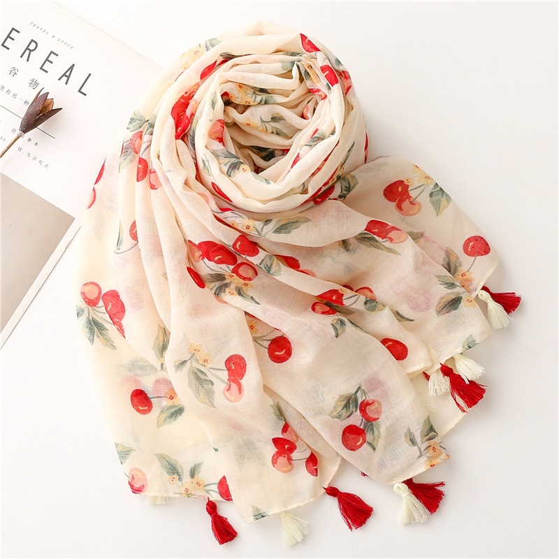 K949 2024 new spring and summer small fresh sweet style cartoon cherry cotton and linen scarf Bali yarn thin silk scarf shawl female