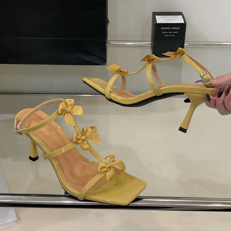 Sexy Heels Women Fashion Narrow Strap Bow Elegant Summer High Heeled Sandals Wedding Bridal Shoes 250605