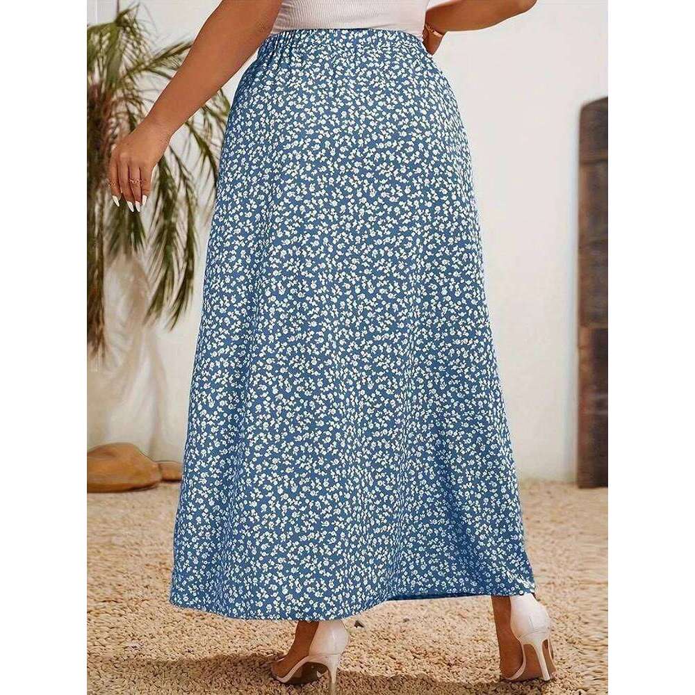 GIBSIE Plus Size Ditsy Floral Split Long Skirts Women Summer Holiday Style High Waist Print Boho A-Line Skirt Female Bottoms