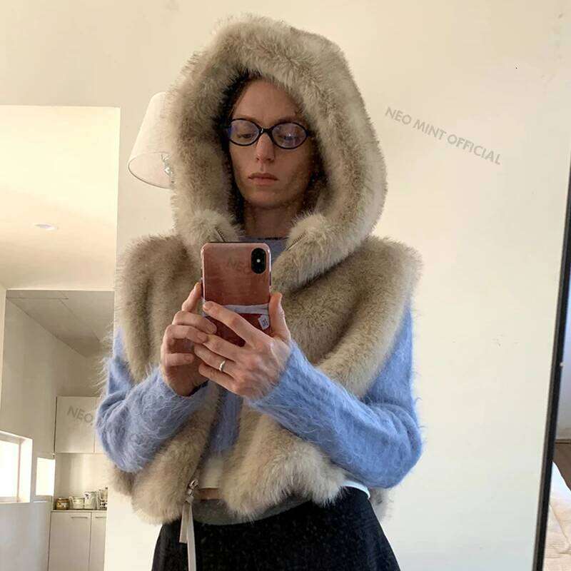 Neo Mint Exclusive Y3k Girls Hooded Sleeveless Faux Coat Women Waistcoat Autumn Winter Gradient Fox Fur Vest Top Gilet Femme