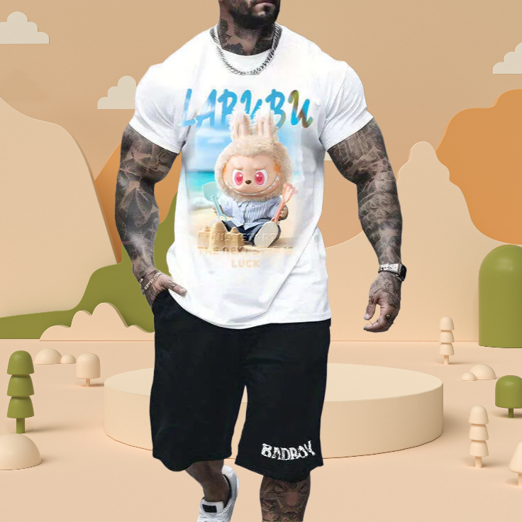 2025 New LABUBU Pure Cotton Short Sleeve Designer T-Shirt American Style Loose Trendy Casual Set Digital Direct Print Labubu Doll