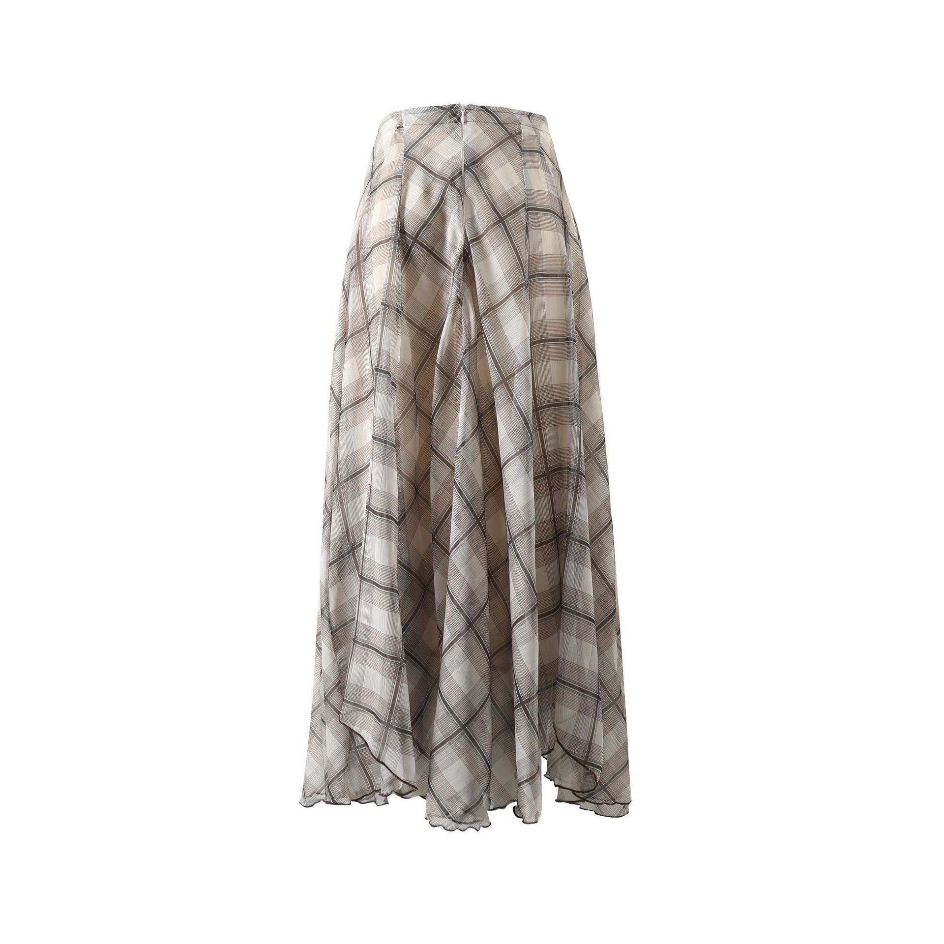 XR135 High-grade drape irregular flowing skirt light brown plaid long skirt