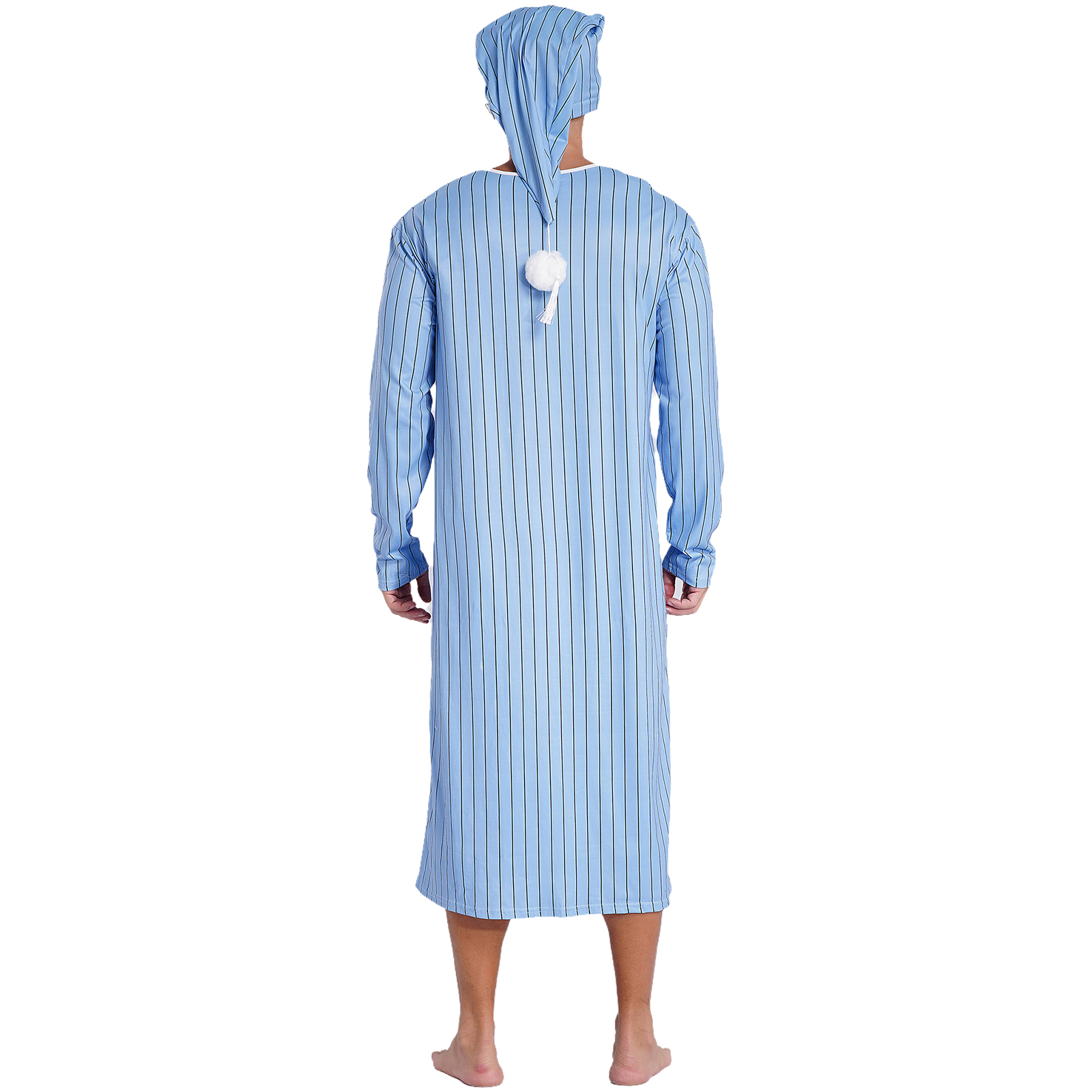 Men's Soft Loose Sleep Robe Fashion Homewear Striped Long Sleeve Button-down Nightshirt with Sleeping Cap Pajama Set Nightgown