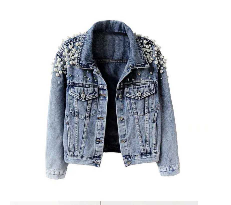 Spring/Summer New Model Heavy Duty Beaded Denim Jacket for Women - Short Sleeve, Long-Sleeved Fashionable Export Blazer - Large Pearl Denim Dress