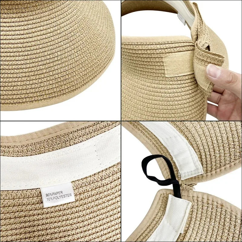 Women Summer Visors Hat Foldable Wide Large Brim Bowknot Empty Top Straw Hats Femme Beach UV Protection Caps 250603