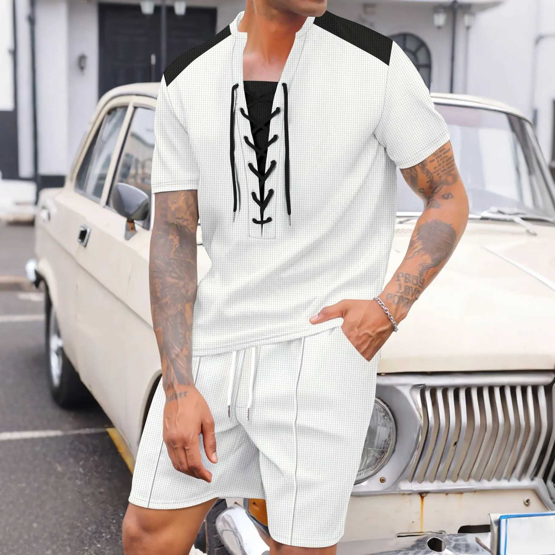 2025 Summer Mens New Leisure Fashion City Wear Rope Round Neck T Trend Waffle Short-Sleeved Shorts Two-Piece Suit W250609