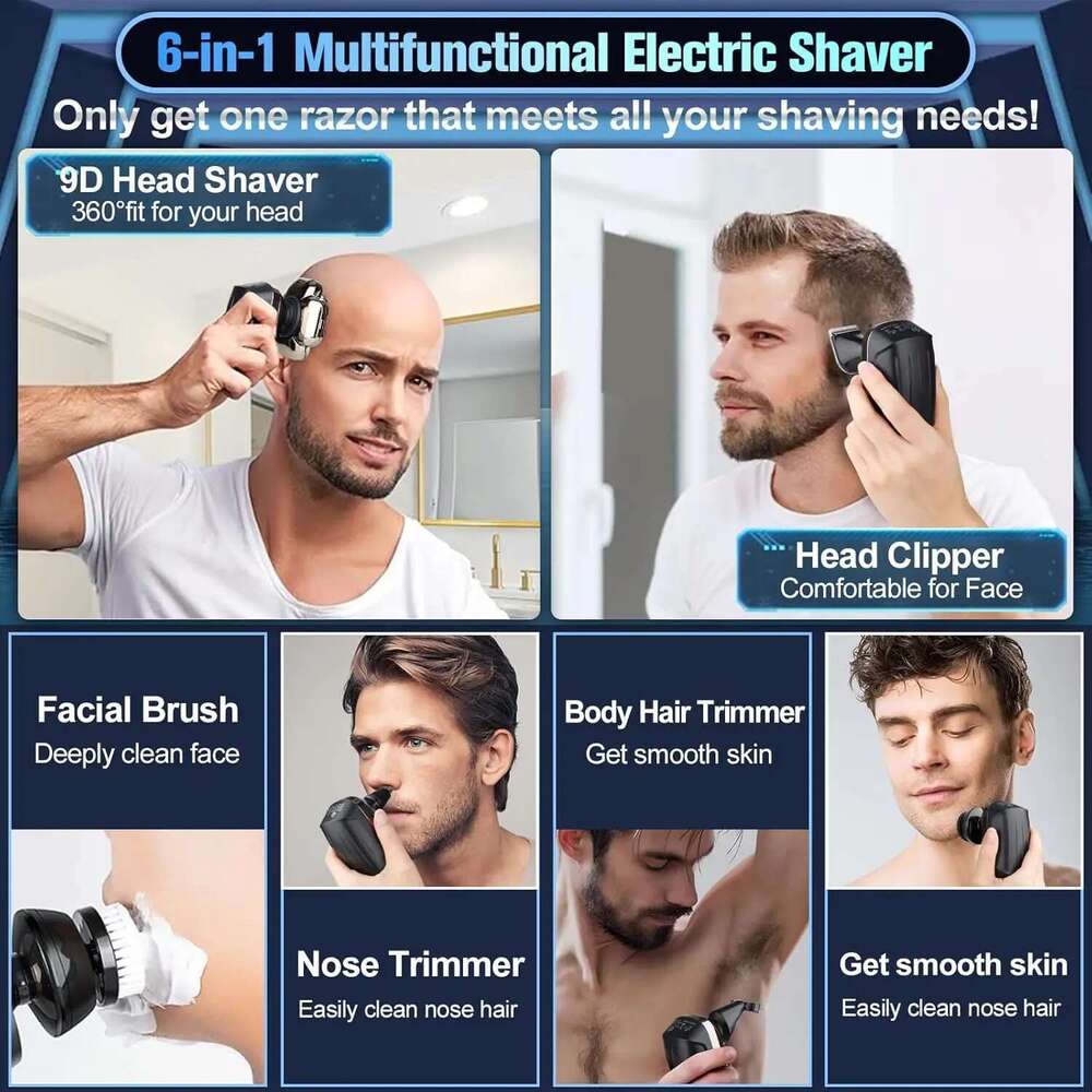 9 For Men 9D Upgraded 6-In-1 Shaver Waterproof Bald Head Shavers Wet/Dry Use Rechargeable Razor