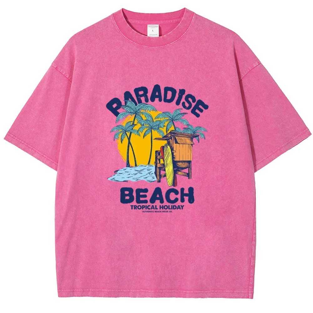 Heaven Beach Printed T-shirt Street Casual Style Washed Distressed Mens and Womens Short Sleeve Summer graphic t shirts W250607