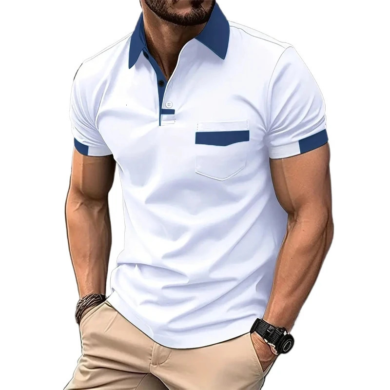 Summer Mens Short Sleeve T Shirts Solid Color Polo Shirt Breathable Loose Basic Shirts for Men Lightweight Tops with Pockets 250605