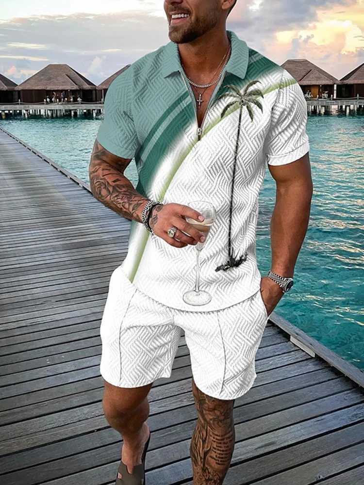 New Summer Beach Vacation 3D Printed Mens Polo Shirt Sets Casual Zipper Short Sleeve+Shorts Two-piece Suit Fashion Mens Clothing W250609