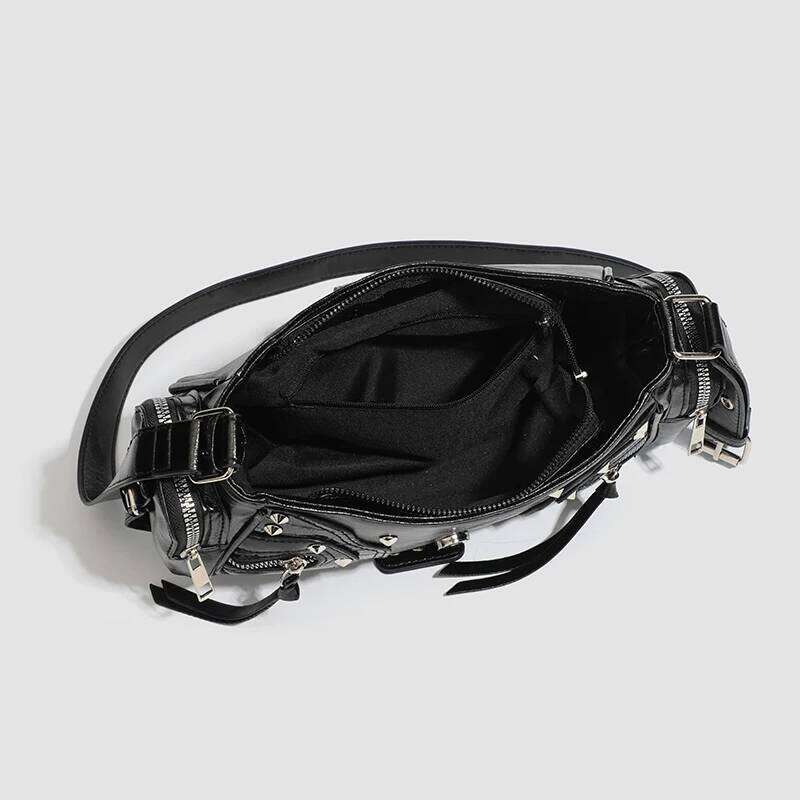 Female retro punk rivet motorcycle PU leather one-shoulder armpit bag designer fashion spicy girl Y2K off-road handbag